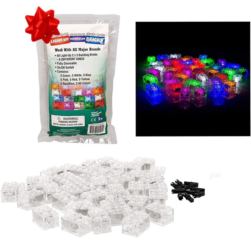 SCS Direct Light Up Building Bricks - Set of 40 Blocks w On/Off Switch + Brightness Dim Ability - 8 Compatible Tight Fit w All Major Brands - STEM Holiday Xmas Stocking Stuffer Gift for Kids - Image 1